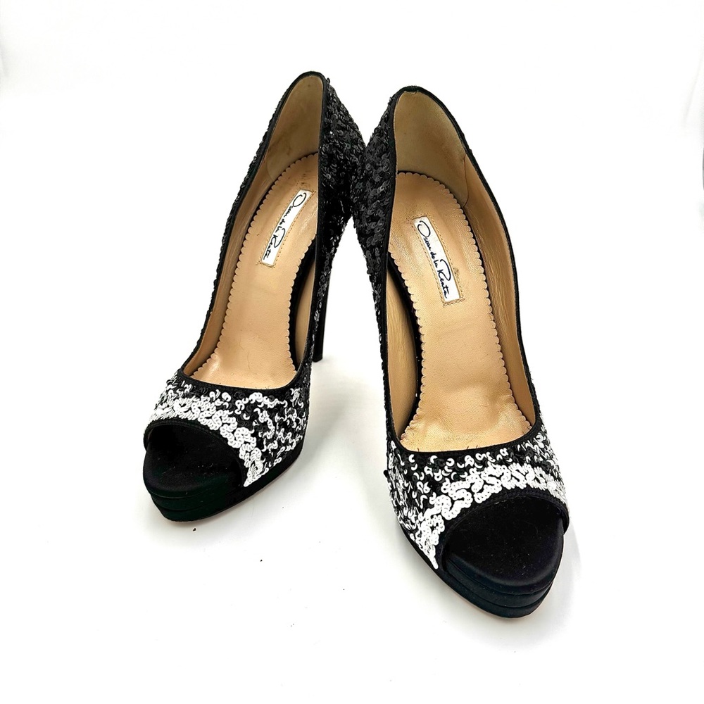 Oscar de la Renta Black and White Sequin Heels